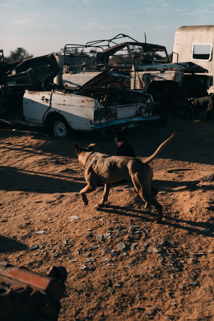 Dog with brown coat strolling on sandy land against old rusty automobiles in sunlight